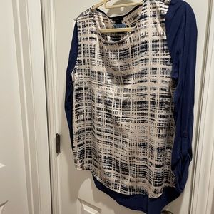Ann Taylor - Patterned Front has Satin feel. Cotton Sleeves roll up w/Button